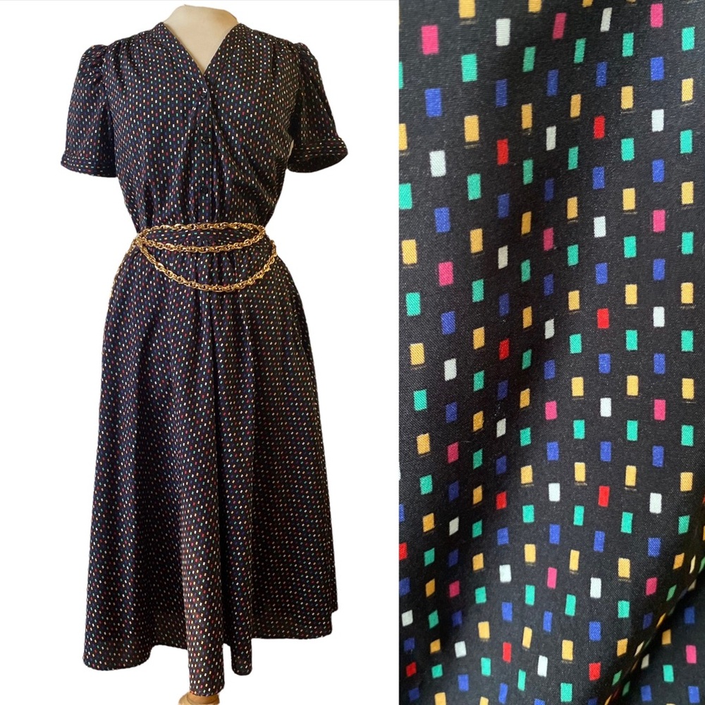 70s Vintage Mary Tyler Moore Style Evan-Picone Multicolor Puff Sleeve Skirt